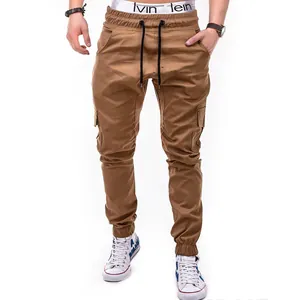 Slim fit men's solid brown cargo jogger pants featuring elastic waist and side pockets