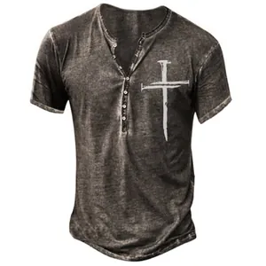 Vintage distressed grey men's short sleeve Henley T-shirt featuring a white cross print