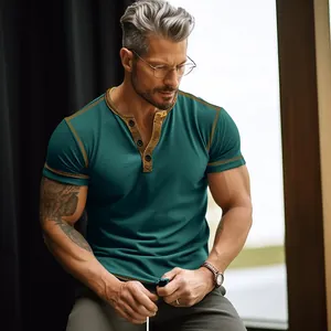 Close-up of a men's dark teal short-sleeved Henley T-shirt with contrast stitching detail