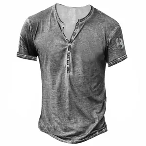 Men's vintage washed grey casual Henley t-shirt with digital number 8 print on sleeve