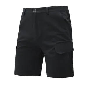 Front view detail of men's black cargo shorts with multi-pocket design