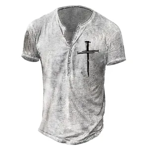 Vintage grey men's short sleeve Henley t-shirt featuring a black nail cross graphic print