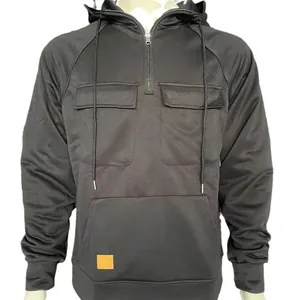 Classic men's solid color hooded cargo sweatshirt featuring chest pockets and half-zip front
