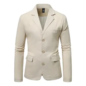 Macro view of men's beige cotton linen casual business blazer jacket with three buttons
