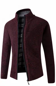 Close-up detail of wine red men's thickened knitted cardigan with checkered lining