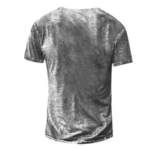 Back view of a vintage acid wash grey cotton t-shirt for men, showing fabric texture.