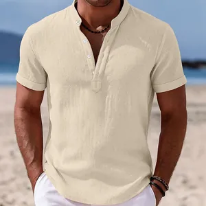 Men's summer casual cotton linen shirt with stand collar and short sleeves in beige