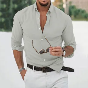 Detail view of a men's light gray cotton linen long sleeve casual shirt worn by a model
