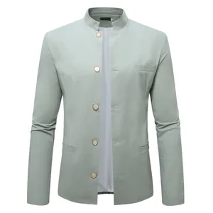 Front view of light grey mandarin collar blazer for men in cotton linen fabric