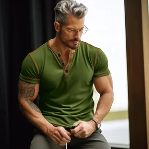Detailed view of men's olive green Henley shirt with contrast stitching details.