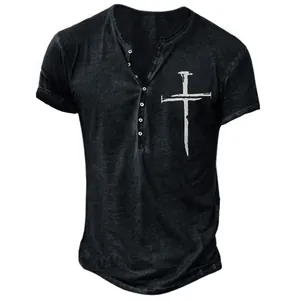 Close-up of a men's black Henley short sleeve t-shirt with white cross digital print