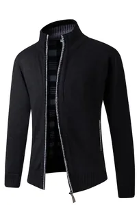 Close-up detail of a men's black thickened knit cardigan with a zipper