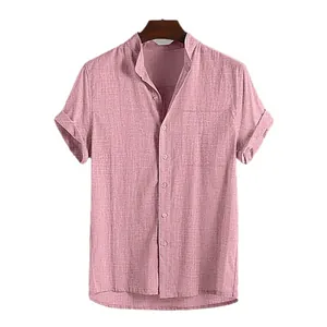 Men's summer casual pink cotton linen short-sleeved shirt with stand collar and pocket