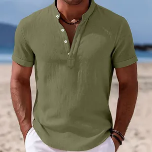 Men's olive green stand collar cotton linen short sleeve shirt for summer beach holiday