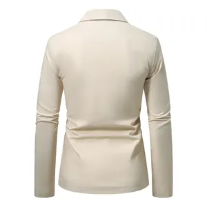 Back view of men's beige cotton-linen casual blazer jacket with a minimalist slim fit design