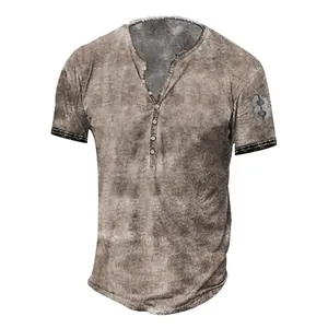 Front view of men's vintage wash Henley t-shirt with button neck and sleeve print
