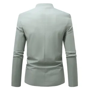 Professional back view of a men's business casual sage green stand collar blazer suit jacket