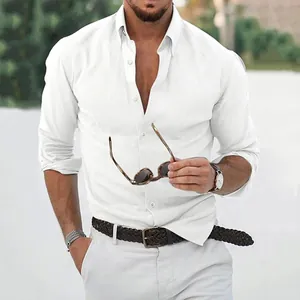 Close-up detail of a white cotton linen long-sleeved shirt for men in casual style