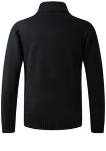 Back view of a black knitted men's cardigan featuring ribbed cuffs and hem details