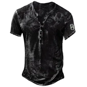 Vintage black men's short sleeve Henley shirt with distressed digital print and button neck