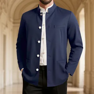 Elegant navy blue Chinese style stand-collar blazer for men with contrast white button details