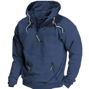 Blauer Herren Kapuzenpullover im lässigen Stil mit halbem Reißverschluss und Kordelzug