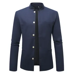 Full frontal view of a navy blue men's mandarin collar blazer with five button closure