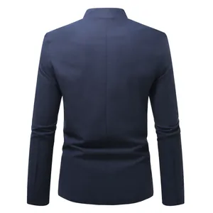 Rear view of men's slim fit navy business casual blazer with Chinese stand collar