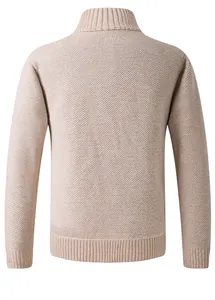 Back view of a men's thick knit cardigan sweater showing fabric texture and ribbed hem