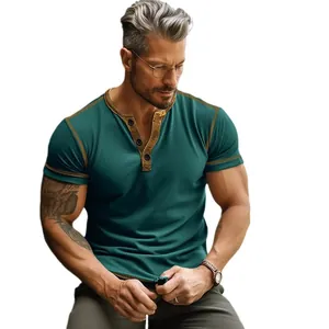 Men's dark green slim fit short sleeve Henley T-shirt with gold contrast trim details