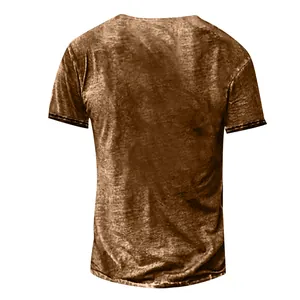 Detailed back view of men's casual brown t-shirt with vintage digital print texture
