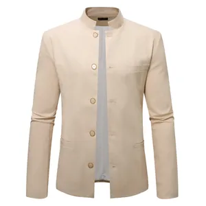 Detailed view of a beige men's mandarin collar linen jacket with button closure