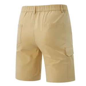 Back view of men's khaki cargo shorts with elastic waist and multi-pocket detail