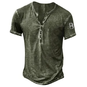 Close-up of the distressed fabric and buttoned Henley neckline on a casual men's tee
