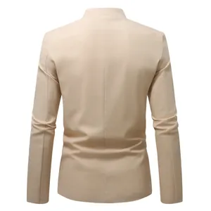 Detailed back view of a beige men's stand-collar blazer jacket in cotton linen blend style
