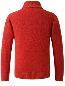 Back view of premium thick orange knitted cardigan sweater with ribbed collar and cuffs