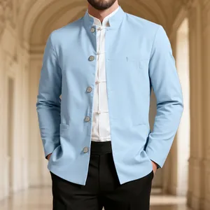 Detailed view of light blue mandarin collar blazer made from breathable cotton linen fabric