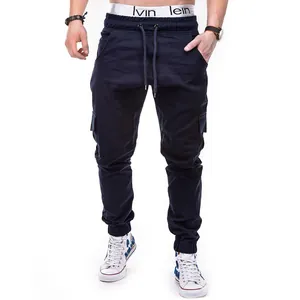 Men's navy cargo jogger pants with side pockets and drawstring waist for casual wear