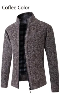 Detailed view of coffee brown zip-up men's knit cardigan with thick lining