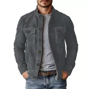 Detailed front view of men's grey suede jacket on model showing pockets and buttons