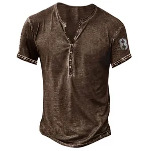 Macro view of men's brown Henley T-shirt with number 8 print on the sleeve