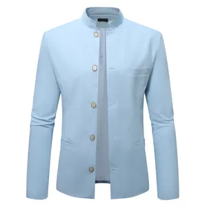 Detailed front view showing the Mandarin collar and five-button closure of a light blue blazer jacket.