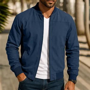 Chaqueta bomber de ante azul marino para hombre con cuello alto y cierre de cremallera