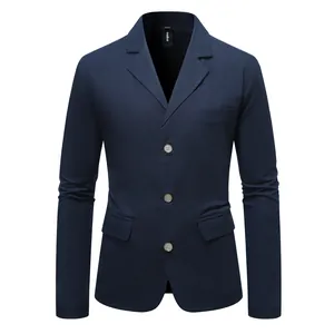 Detailed close-up of a navy blue cotton-linen casual blazer featuring three buttons