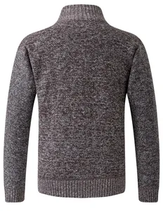 Back view of a thick men's knitted cardigan showing the textured melange fabric and ribbing.