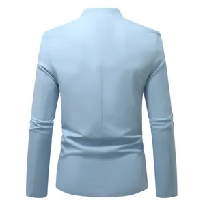 Detailed back view of a light blue men's business casual blazer with a stand collar