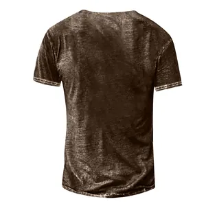 Back view of a men's vintage brown acid wash distressed textured short sleeve T-shirt