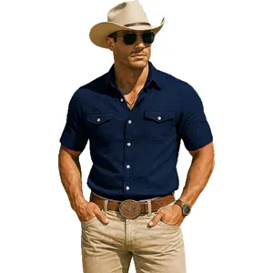 Close-up detail of navy men's cotton linen shirt featuring workwear style pockets