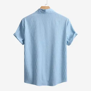 Back view of light blue men's casual short-sleeve shirt with vertical crinkle fabric texture