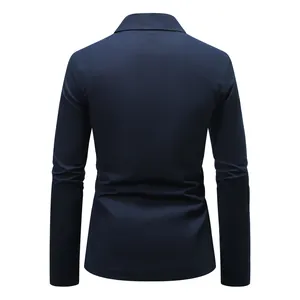 Detail back view of a navy blue men's cotton linen slim fit casual business blazer